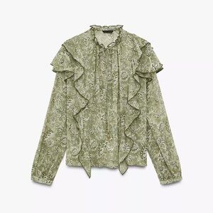 Zara Olive Floral Ruffle Blouse